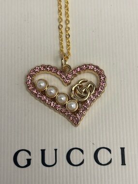 Gucci Gold-Tone Heart Pendant Necklace with Pink Crystals and Pearl Accents